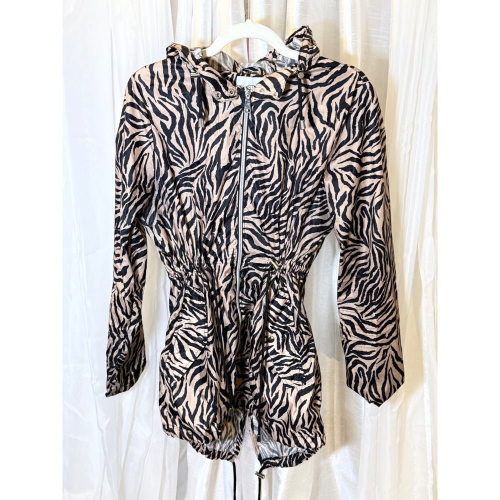 mySTYLE Windbreaker Jacket Womens Medium Tan Black Zebra Print Hooded Cinched